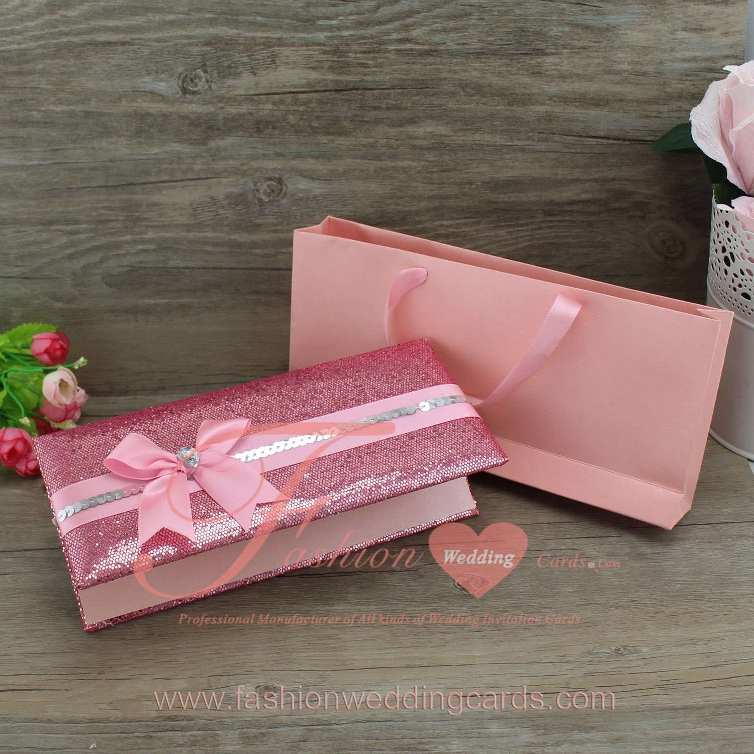 Cheap Elegant Pink Glamorous Wallet Wedding Invitations
